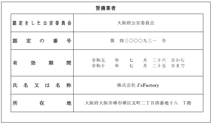 警備業法に基づく標識